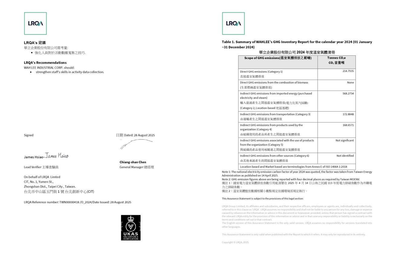 ISO 14064-1  溫室氣體排放盤查查證聲明書
